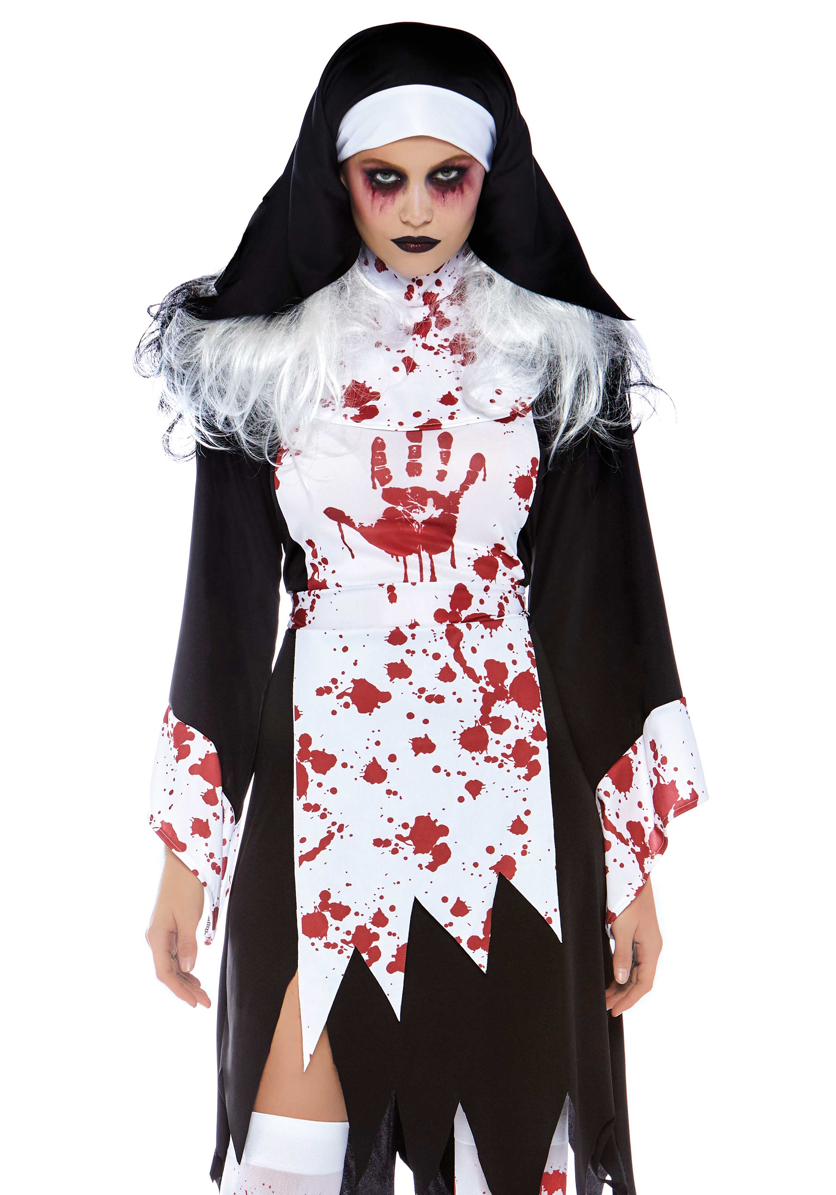 2 Tlg Set Killer Nonne, Beinhaltet Blutiges Zerfetzt Kleid Mit Handabdruck Und Nonnen Habit