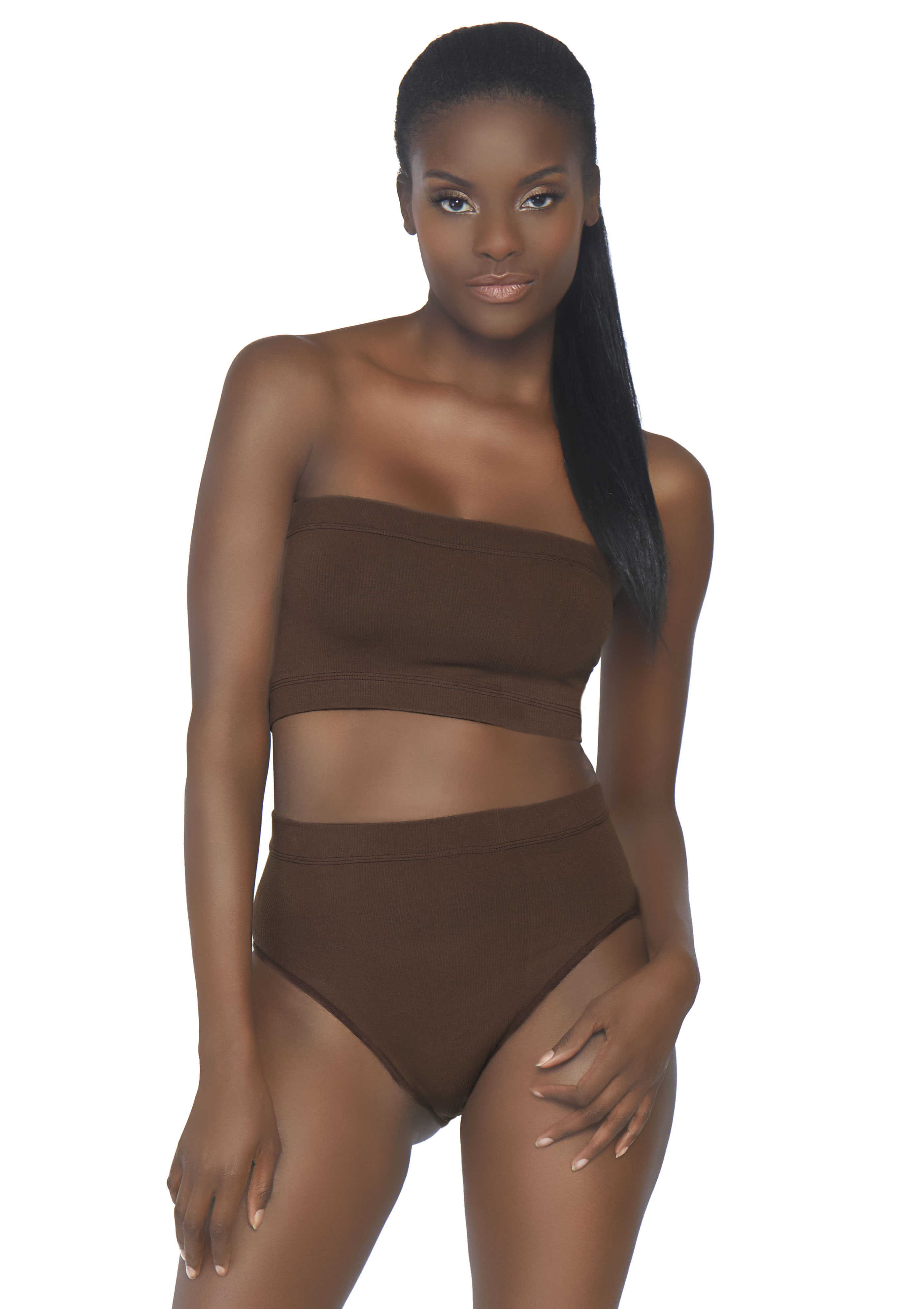 2 Pc Seamless Opaque Microfiber Ribbed Bandeau Top And High Waist Brief.