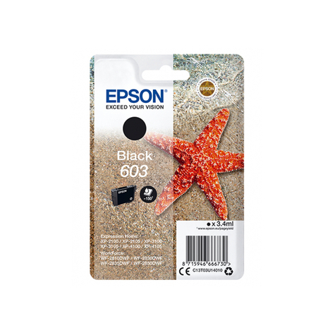 Epson Singlepack Tinta Negra 603 - Original - Negra - Epson - Expression Home Xp-2100 - Xp-2105 - Xp-3100 - Xp-3105 - Xp-4100 - Xp-4105 - Workforce Wf-2850dwf,... - 1 Pieza(S) - Rendimiento Estándar